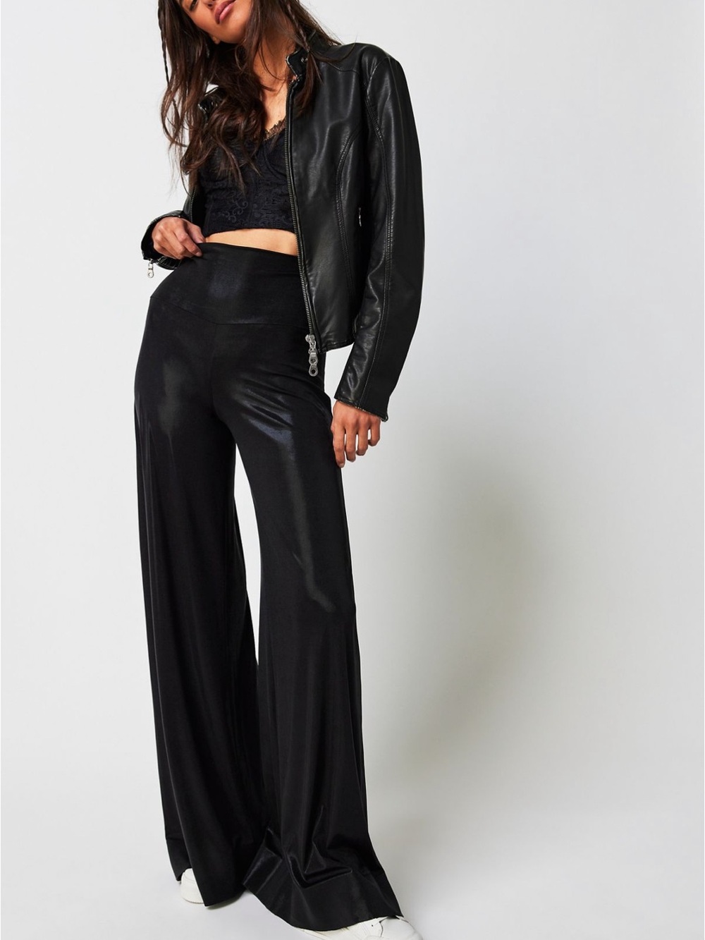 Norma Kamali Black Shimmer Wide-Leg Pants